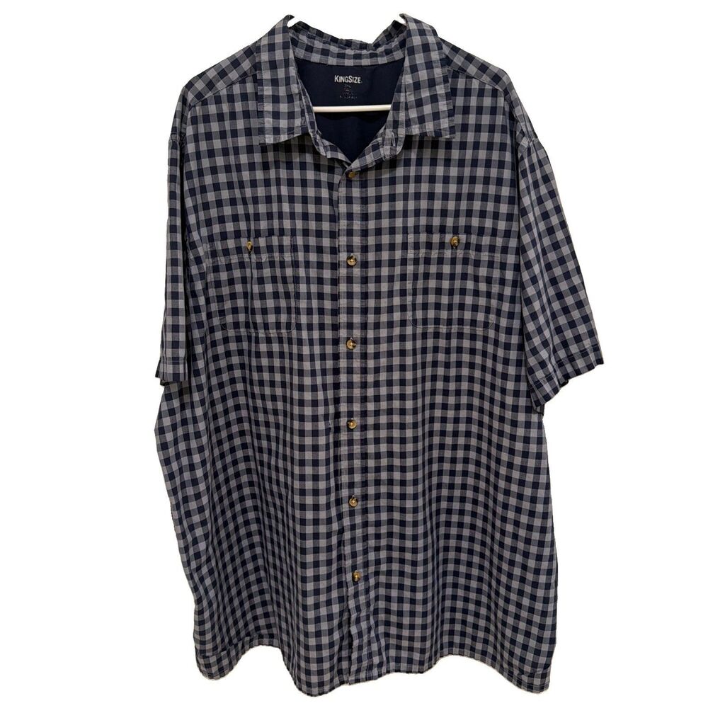 KingSize Men's 3XLT tall Plaid Button Down Shirt Blue Gray Short Sleeve checkard